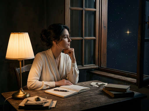 Uma mulher, à luz do abajur, apoia o queixo na mão. Há um caderno aberto sobre a mesa e estrelas além da janela.